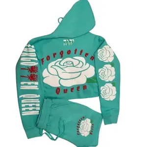 Yahuah Designer "Forgotten Queen" Crop Hoodie and Short Set, Womenswear, Floral Design on Back - Clothes