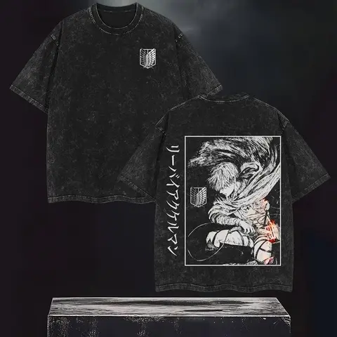 Men's Levi Ackerman Attack on Titan Anime Distressed Menswear T-Shirt - Retro Vintage Washed Heavyweight Cotton, Round Neck Short-Sleeve, Casual Streetwear Top, Mens Gifts, All Seasons Apparel for Christmas, Children's Day