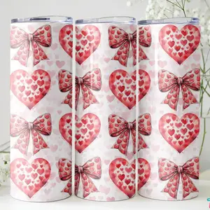 Valentine Hearts & Bows Skinny Tumbler 20oz, Insulated Stainless Steel Travel Cup, Cute Pink Love Pattern, Reusable Cold Drink Cup, Valentine Gift for Her, Girlfriend, Wife, Best Friend