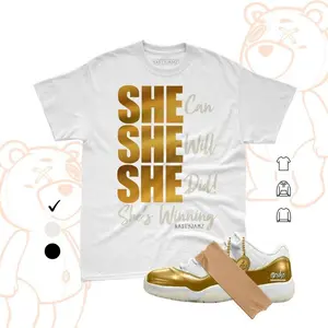 AJ11 White and Metallic Gold Matching T Shirt, SHEEE Graphic Shirt, 90s Hip Hop Tee, Gift For Women and Man, Unisex T-Shirt, Sneaker Head Gift