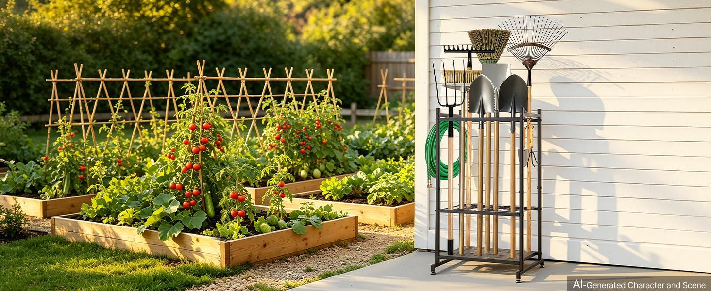 【BackToSchool】VEVOR Garden Tool Organizer, 35 Slots with Hooks, Metal Garage Storage Rack, for Rakes/Shovels/Brooms, Yard Utility Tool Holder for Shed/Outdoor/Lawn Organization, Heavy-Duty Steel, Freestanding,Black