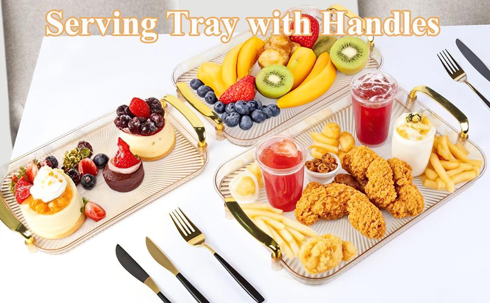 3 Pack Serving Tray with Handles, Stackable Reusable Trays for Serving Food, Plastic Serving Platters for Party, Charcuterie, Fruit, Appetizer, Cream Gold