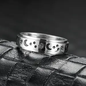 Celestial Sun-Moon-Star Spinner Ring - Black Enamel Fidget Anxiety Ring, Jewelry Accessories for Women & Men
