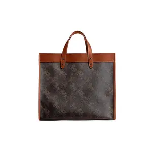 COACH Field 40 Carriage Logo Print Detachable Strap Canvas and Leather Tote Bag for Women, Large Brown and Tan
