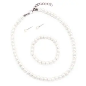 Rosemarie Collections Girl's 6mm Glass Bead Simulated Pearl 3 Piece Necklace Bracelet Earrings Flower Girl Bridal Jewelry Set (Ivory)