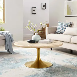Modway Lippa 36” Round Artificial Travertine  Coffee Table in Gold Travertine