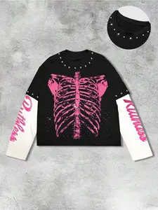 Men's Autumn Faux Two-Piece Long Sleeve T-Shirt, Skeleton Print Unique Attitude, Fashionable Patchwork, Comfortable Skin-Friendly