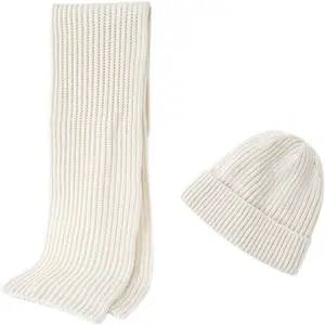 2PCS Merino Wool Knit Beanie Scarf Set for Men & Women, Winter Soft Warm Long Scarves with Wool Beanie Hat
