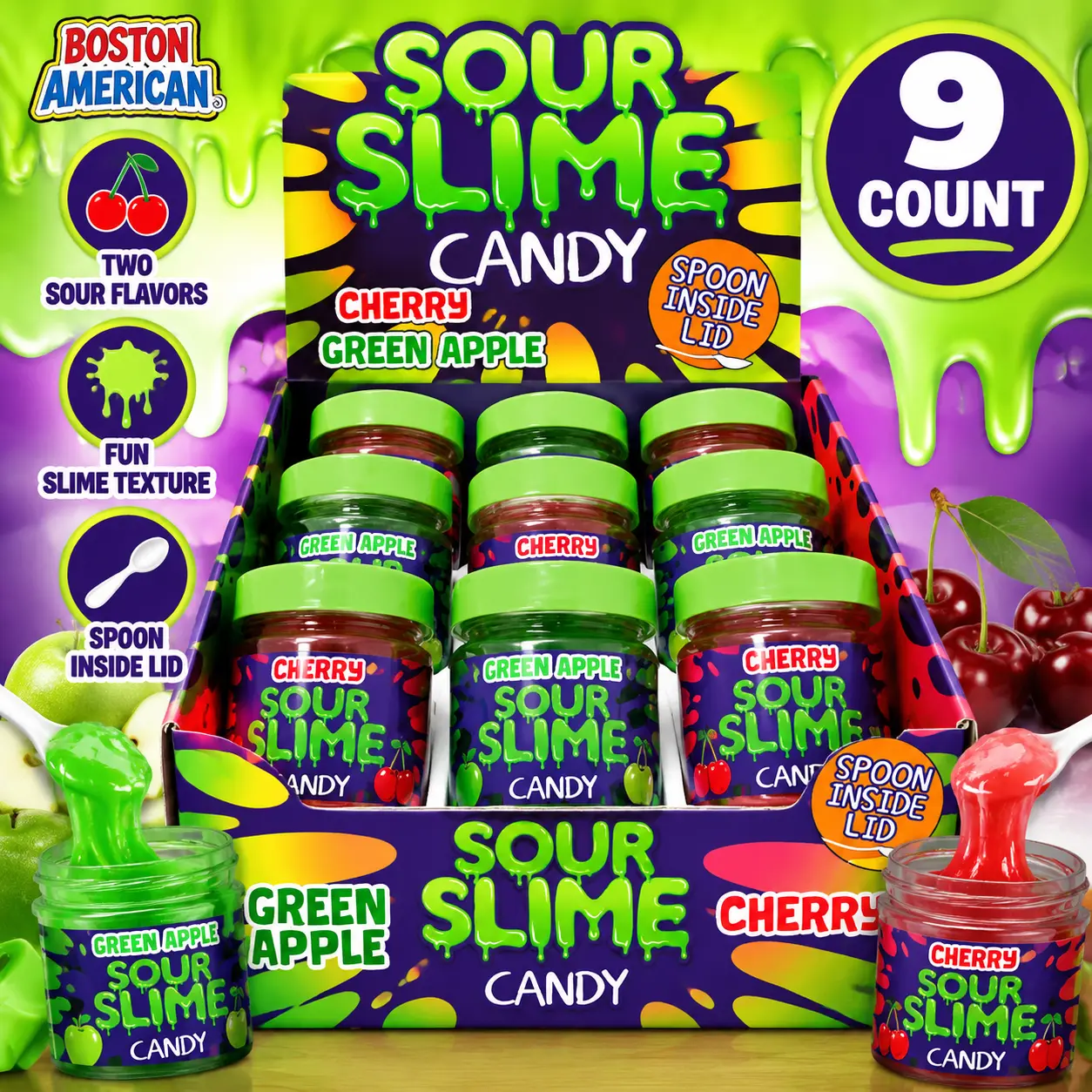 Boston America Sour Slime Candy, 3.5oz 9-Count Tray Pack, Novelty Candy Snack