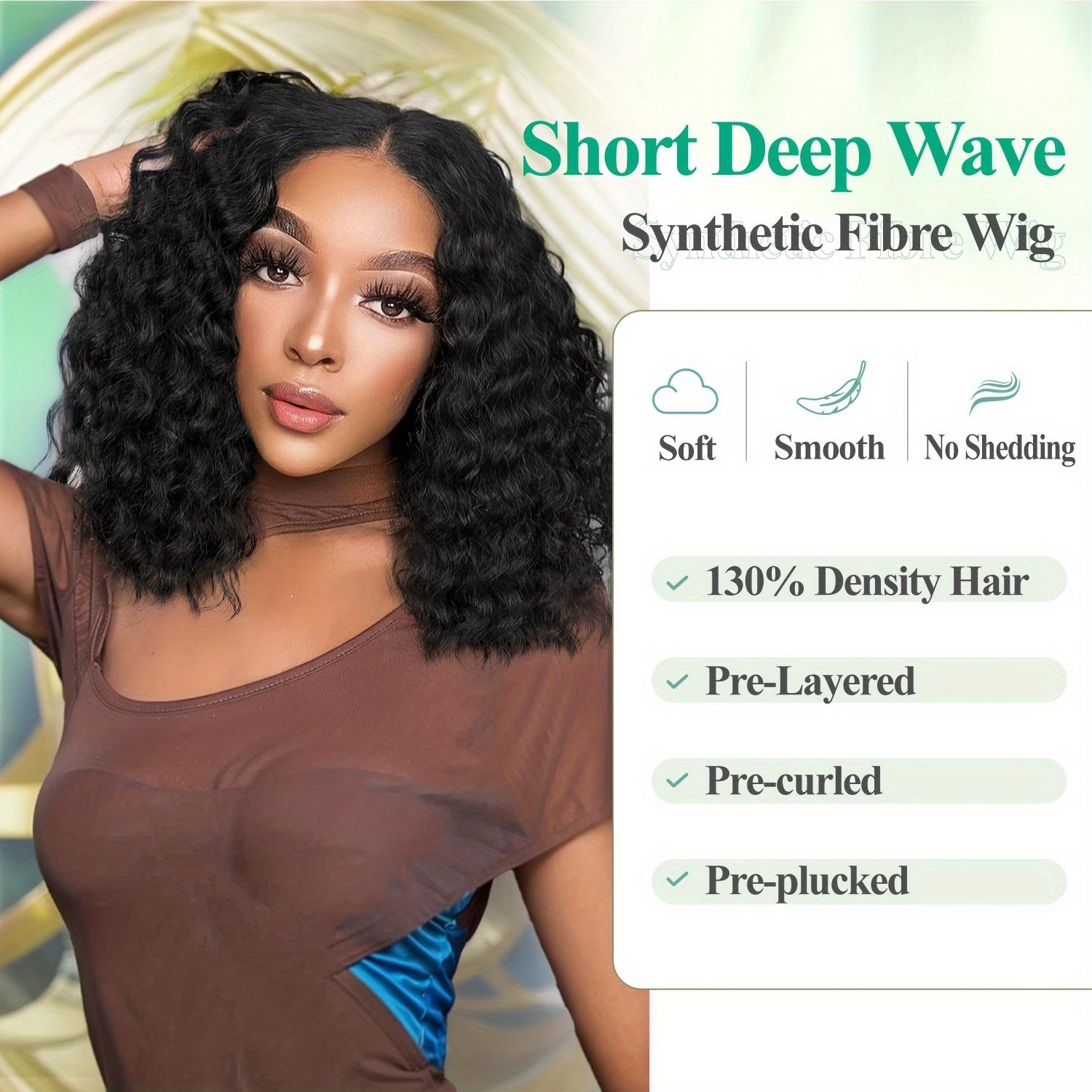 12 Inch Deep Wave Wig Black Curly Synthetic Hair Wig Short Curly Wave Wig Middle Part Loose Wave for Women Synthetic Curly Wig Loose Deep Wave Bob Wigs Daily Party Use