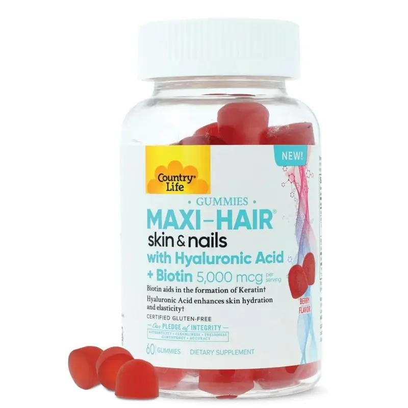 Country Life Maxi-Hair Skin & Nails Gummies with Hyaluronic Acid & Biotin 5,000 mcg – Supports Hair Growth, Skin Hydration & Nail Strength – Vegan, Gluten Free – 60 Gummies