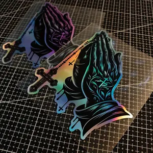 1PC Religious car sticker - Christian praying hands and cross, black gradient to purple - suitable for cars, trucks, motorcycles