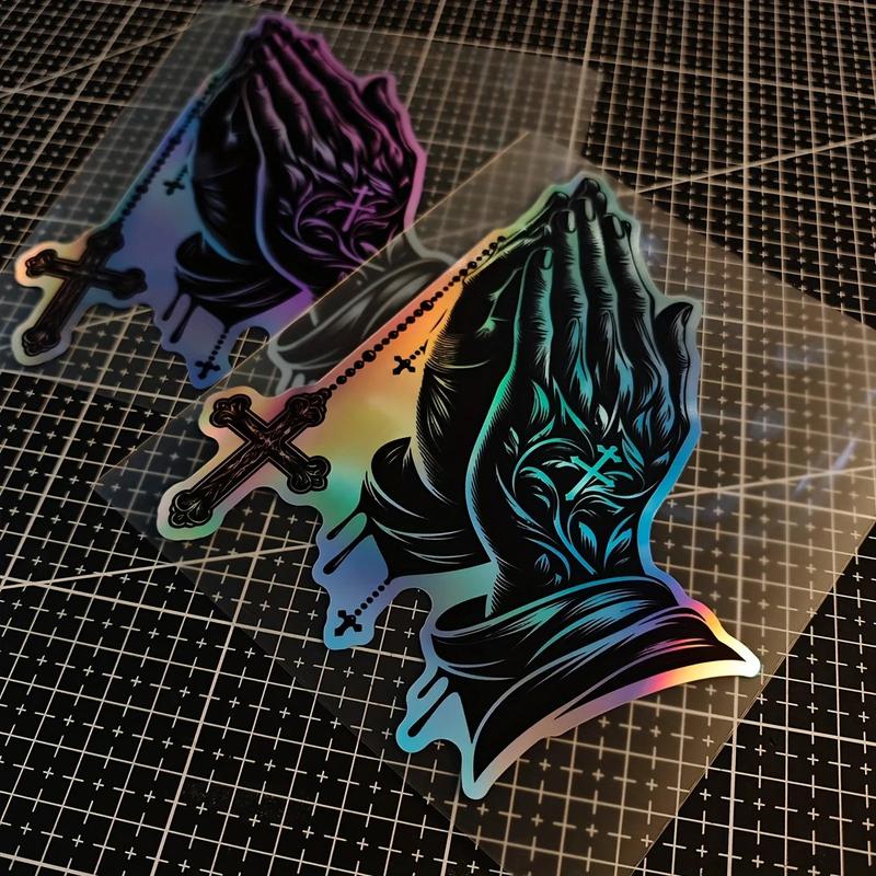 1PC Religious car sticker - Christian praying hands and cross, black gradient to purple - suitable for cars, trucks, motorcycles