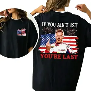 Vintage Racing Movie Quote Double Sided T-Shirt, If You Ain’t 1st You’re Last American Flag Racing Graphic Tee, Retro Race Car Fan Short Sleeve Shirt for Men Women