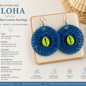 Handmade Crochet Cowrie Shell Earrings - Coastal, Boho Statement Jewelry