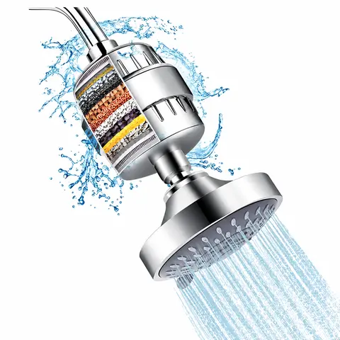 AISOON Pressurized Filtered Showerhead & 15-Stage Filter Combo Pack - [Standard] Chrome 1.0, [Upgraded] Chrome 2.0, 4 Inch Fixed Shower Head, 5 Spray Settings, Chlorine Remover, Compatible with Multi-Setting/Handheld Units, Family Bathroom Fixture