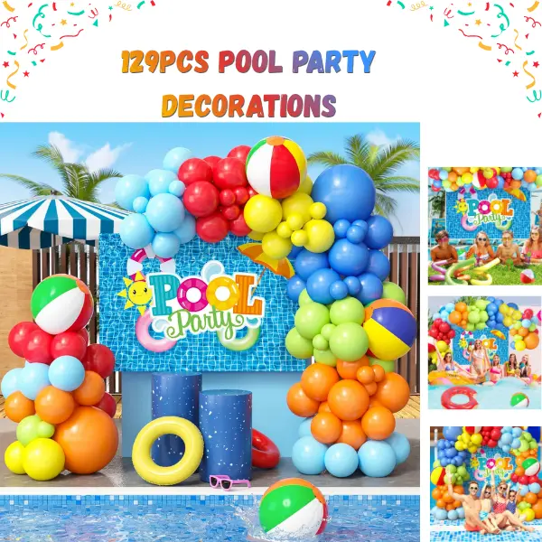 129PCS Pool Party Decorations Kit, Summer Pool Party Balloon Garland Arch, Beach Ball & Tropical Luau Decorations, Hawaiian Birthday Party Supplies, Swimming Pool Party Decor, Outdoor Summer Party Backdrop