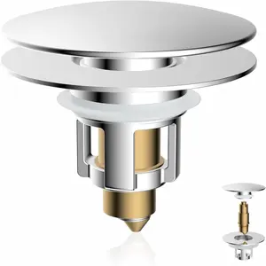 Universal Bathroom Installation  Sink Stopper, Bathroom Hardware, Metal Pop Up Sink Drain Strainer with Detachable Hair Catcher, Fits 1.1"-2.36" Us Basin, Wash Basin Drain Plug with Big Cover Cap, Brass Bounce Core, Chrome