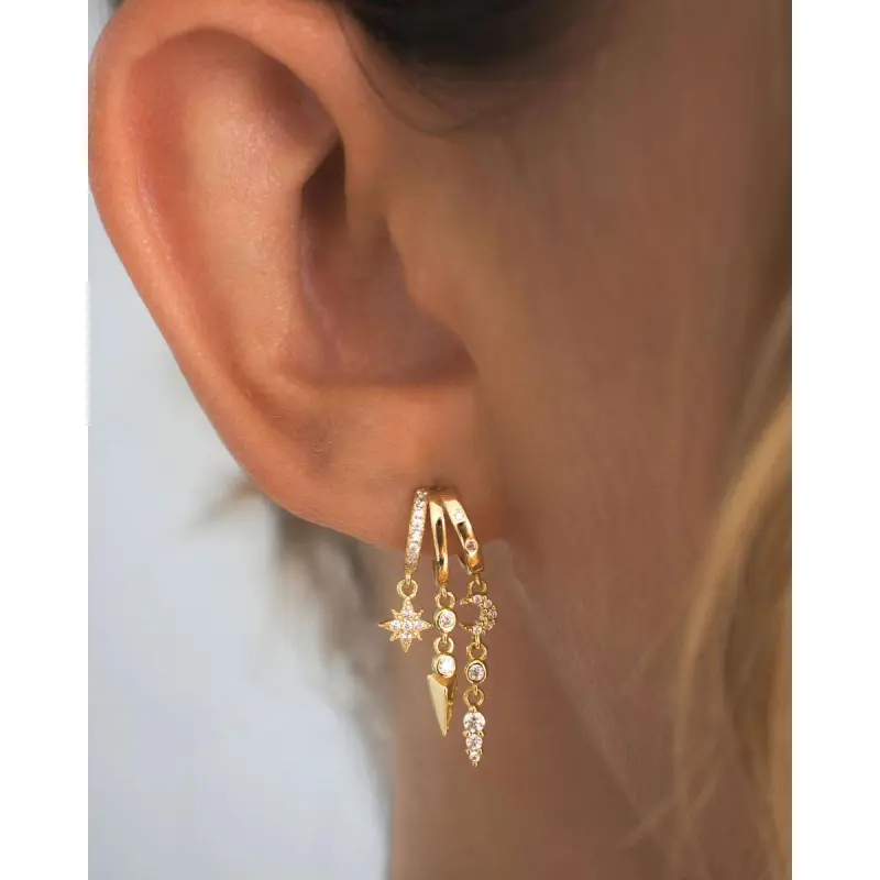 Women's Elegant Triple Huggie Stud Dangling Earrings - Metal-Coated Long Tassel Chains, Non-Tarnish Hypoallergenic, Flash & Finesse, Ideal for 1-2 Scenarios: Daily, Anniversary, Birthday, Stars & Cross Costume Jewelry