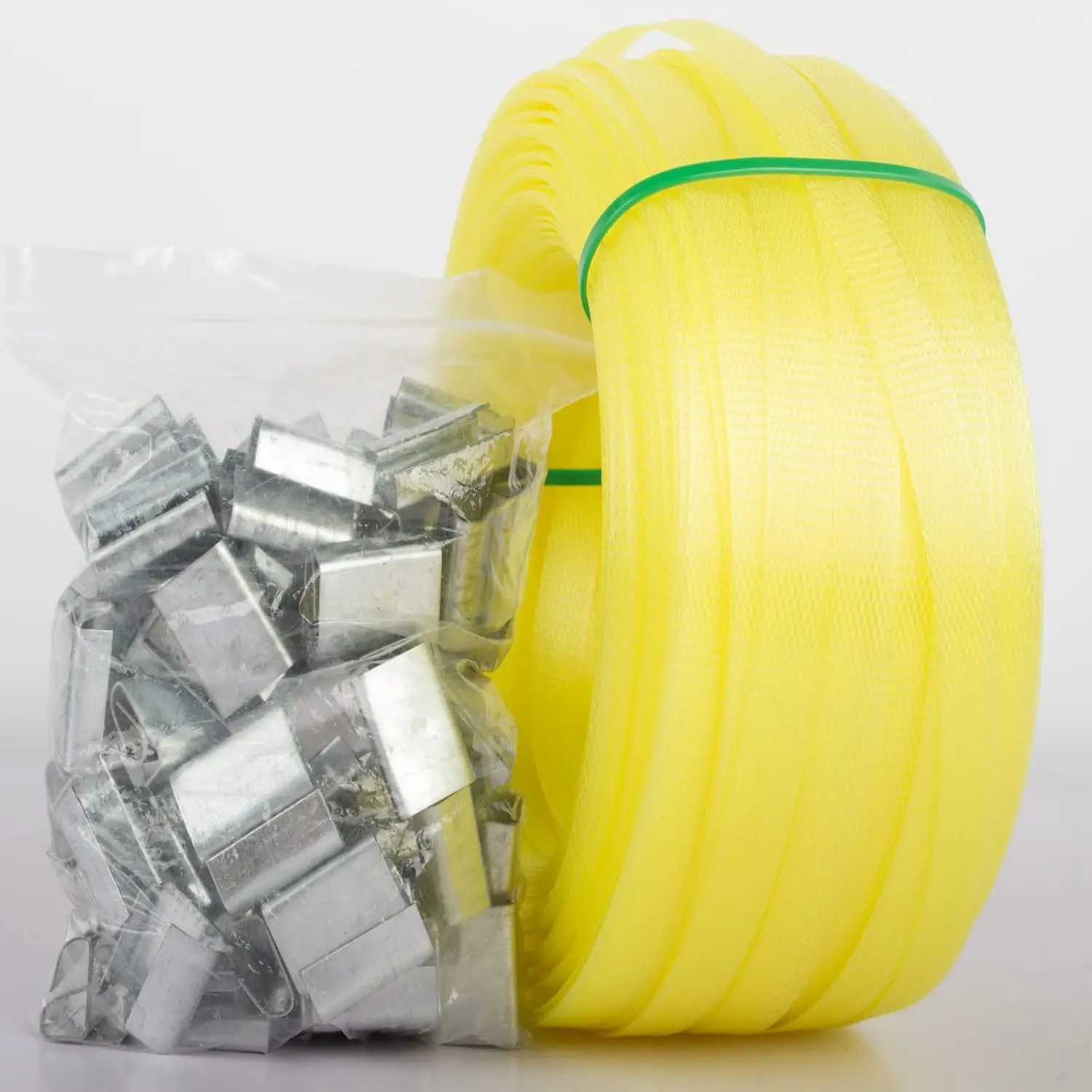 Poly Strap, Polypropylene Strapping, 320' Length, 1/2" Width, 330 lbs. Break Strength (Yellow), 100 count 5/8" Open Metal Clips for Packaging and Pallet Strapping Banding