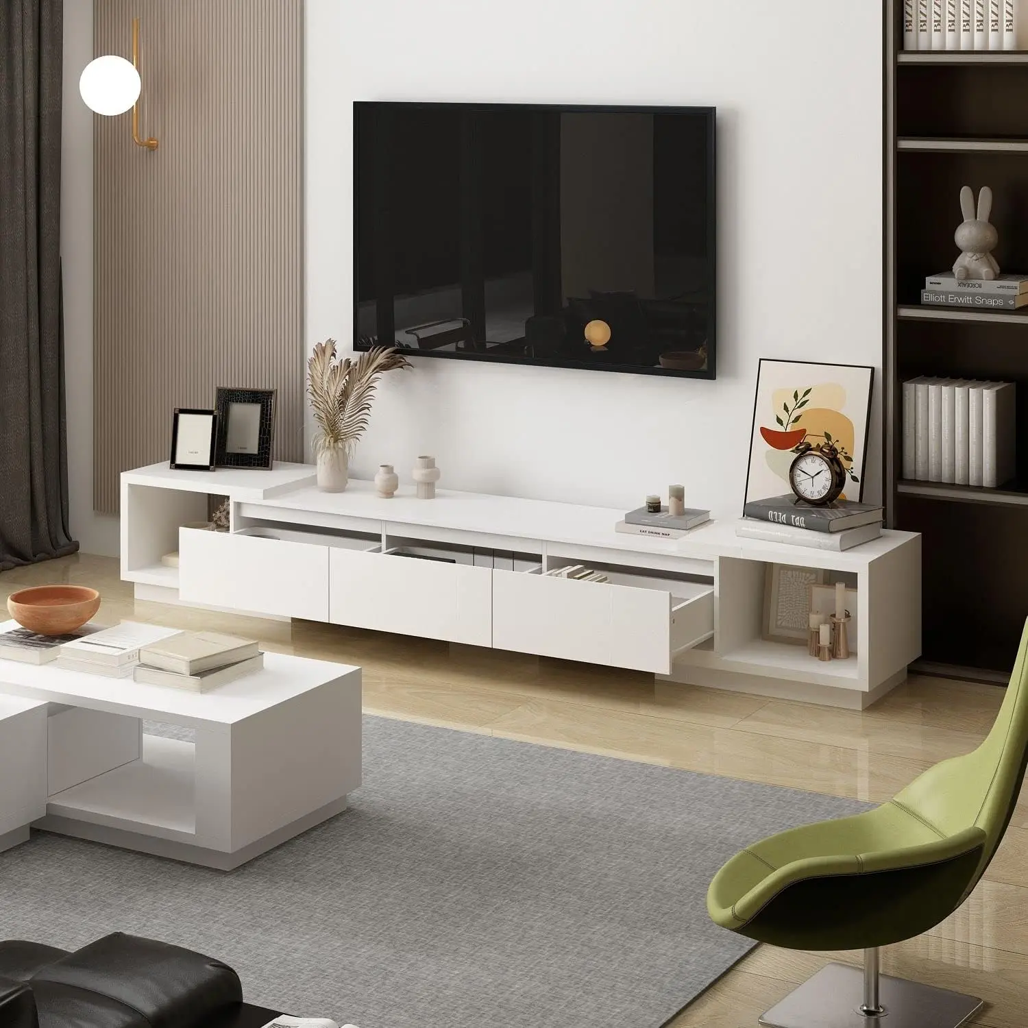 FUFU&GAGA Upgrade Extendable TV Console Table Modern TV Cabinet with Drawers, Contemporary Media Storage Console Table for Living Room Black (65.4-106.3”W x 15.7”D x 15.4”H) Display Home Entertainment