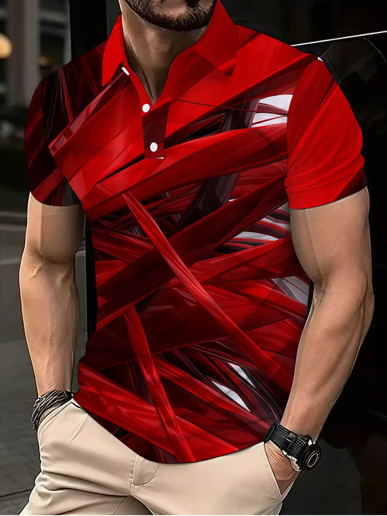 Red and black geometric line printed short-sleeved streetwear Collared polo shirt, a trendy casual top for men, Menswear