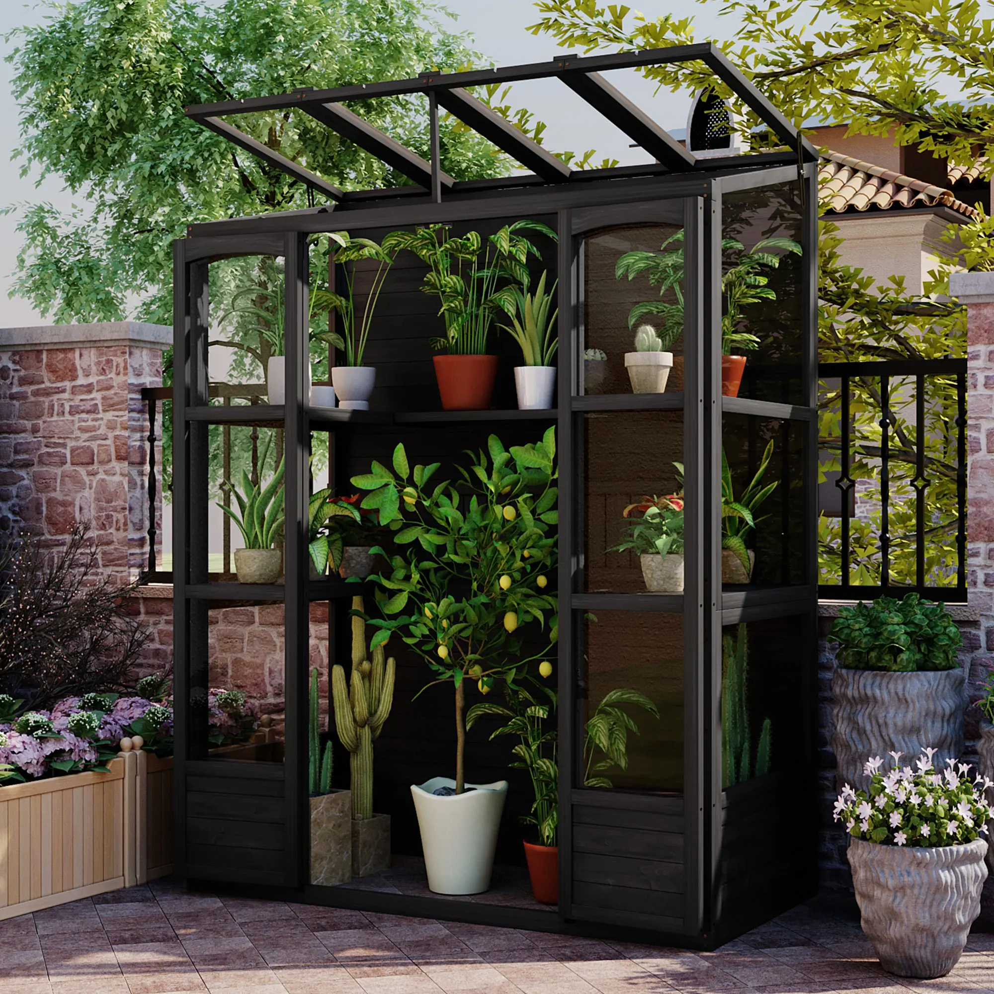 Fir Wood Polycarbonate Walk-In Cold Frame Greenhouse - 57.9"L x 29.1"W x 78.1"H, 4 Skylights, 2 Foldable Shelves, Tool Storage, Anti-Fall Protection, Double-Sided Door, for Backyard Gardeners' Flowers, Plant Growth, Patio Outdoor Use