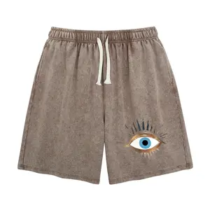 Wayii Women's Blue Evil Eye Acid Washed Streetwear Shorts - Unisex Baggy Cotton Elastic Cool Shorts, Retro Mystical Occult Print Drawstring Loose Spiritual Casual Bottoms
