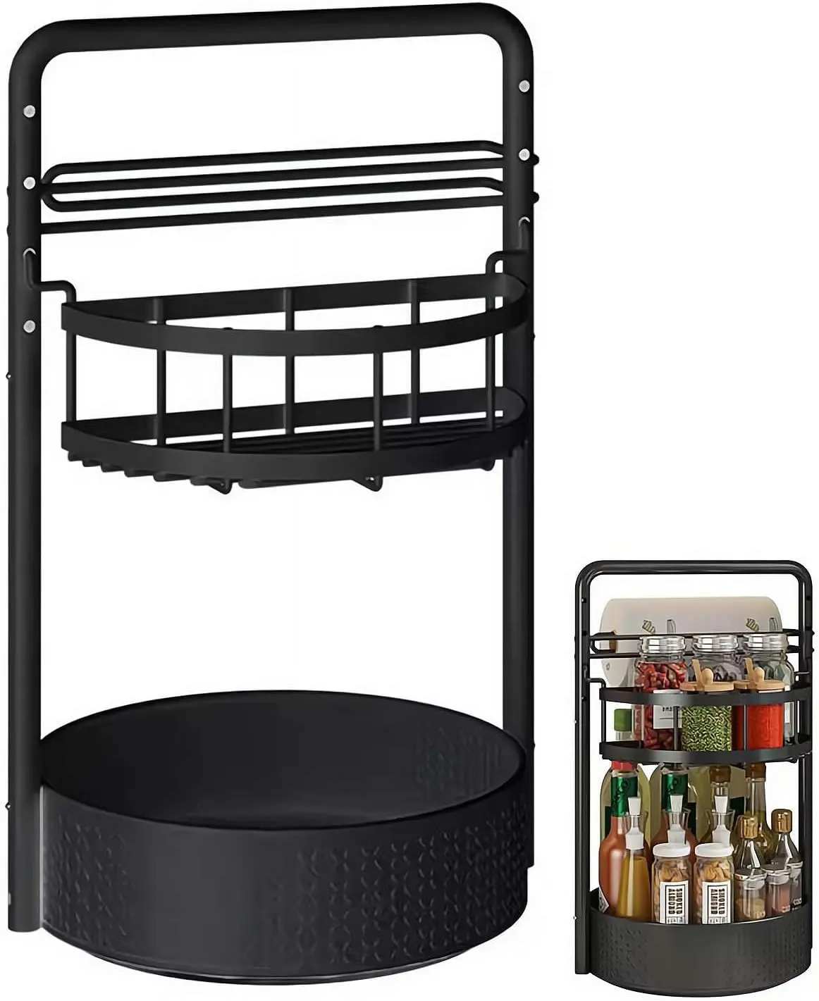 Rotating Spice Rack with Paper Towel Holder, 2 Tier Turntable Lazy Susan, Seasoning Organizer for Kitchen Countertop Cabinet, Black