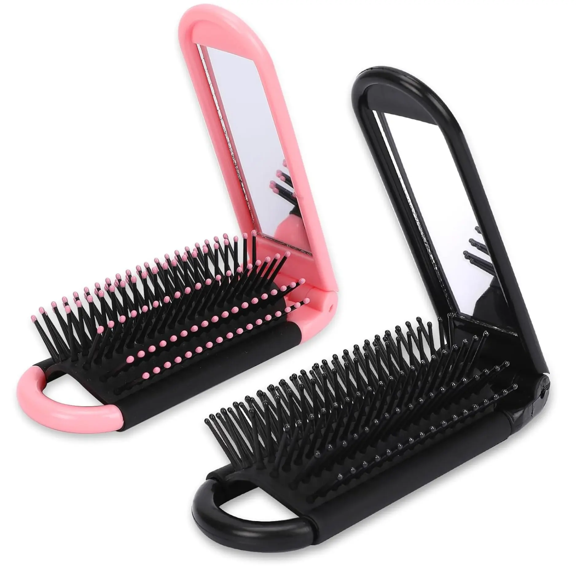 2 Pack Folding Travel Hair Brush with Mirror, Compact Massage Comb & Styling Brush for Travel, Purse & Everyday Use (Black & Pink)