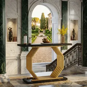 Modern Faux Marble Console Table, Gold Octagon Metal Base Narrow Accent Table, Anti-scratch Stable Entryway Sofa Table Multipurpose Home Decor Furniture For Hallway Living Room