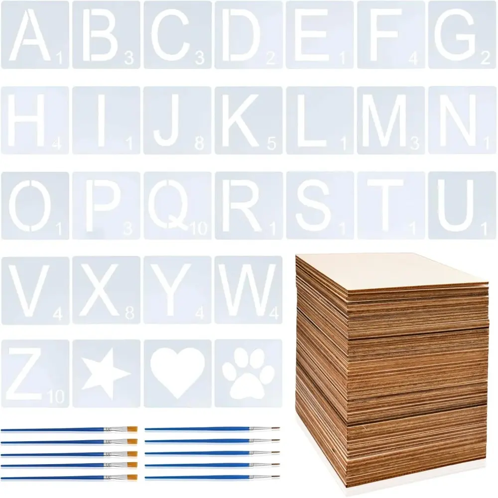 140 Pcs 4 x 4 Inch Letter Symbol Stencils Set Unfinished DIY Craft Square Wood Set with 110 Wood Squares and 10 Paint Brushes 26 Alphabet 4 Symbol Stencils for Room Wall Art Home Decor