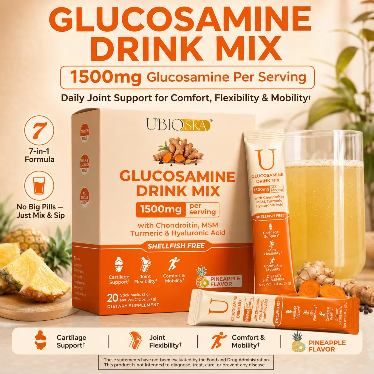 UBIOSKA Glucosamine Chondroitin MSM Drink Mix (20 Stick Packs) - 1500mg Shellfish-Free Formula with Turmeric, Hyaluronic Acid & BioPerine - Cartilage Support, Joint Flexibility, Comfort & Mobility - Pineapple Flavor, NSF GMP Certified