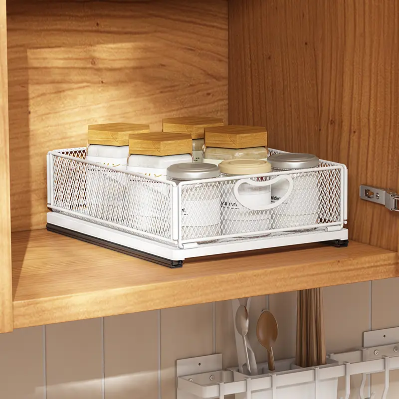 Pull out Cabinet Organizer Fixed with Adhesive Nano Film Heavy Duty Slide out Pantry Shelves Drawer Storage under sink organizer Sliding Mesh Cabinet Basket with Handle for Kitchen