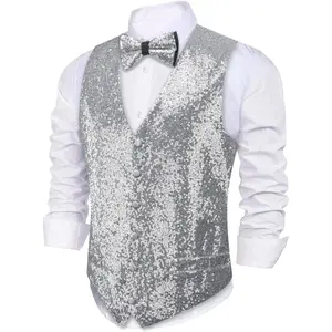 Barry.Wang Mens Sequins Vest Formal/Leisure V-neck Shiny Waistcoat Bowtie Set Prom Party Tuxedo