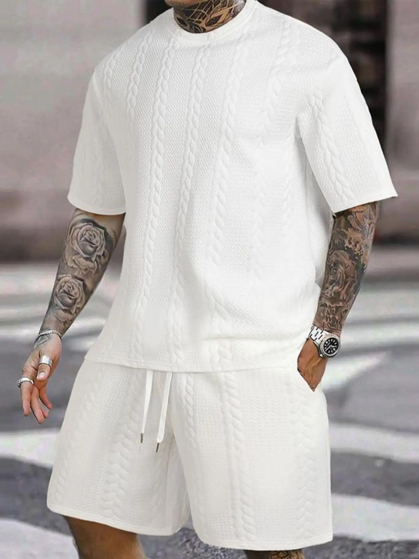 Two-Piece Matching Set Men's Classic Solid Textured Round Neck Tee & Shorts Set, Menswear Regular Fit Crew Neck Short Sleeve T-Shirt & Track Shorts, Casual Summer Clothes Set for Outdoor