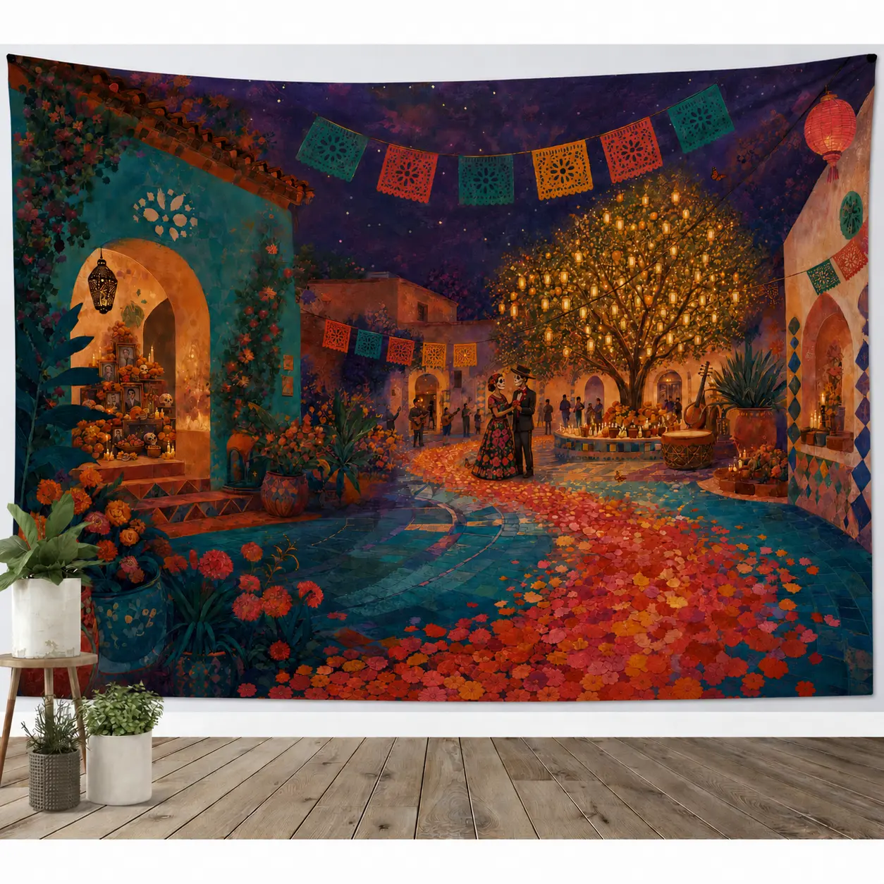 Traditional Vibrant Day of the Dead Tapestry - Lightweight 1-Piece Rectangular Skeleton Couple & Marigold Path Mexican-Inspired Wall Hanging, Colorful Polyester Wall Decor for Living Room, Memorial Altar