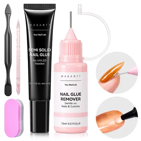 [New Upgrade] Makartt Nail Glue for Press On with Glue Remover Kit No Lamp Needed Semi-Solid Nail Glue for Press on Acrylic False Nails Tips, Easy Removal Debonder for Glue on Nail Tips 10ml Glue & 10ml Remover,10ml（10ml*2）and 10ml Nail Glue kit, Nail Car