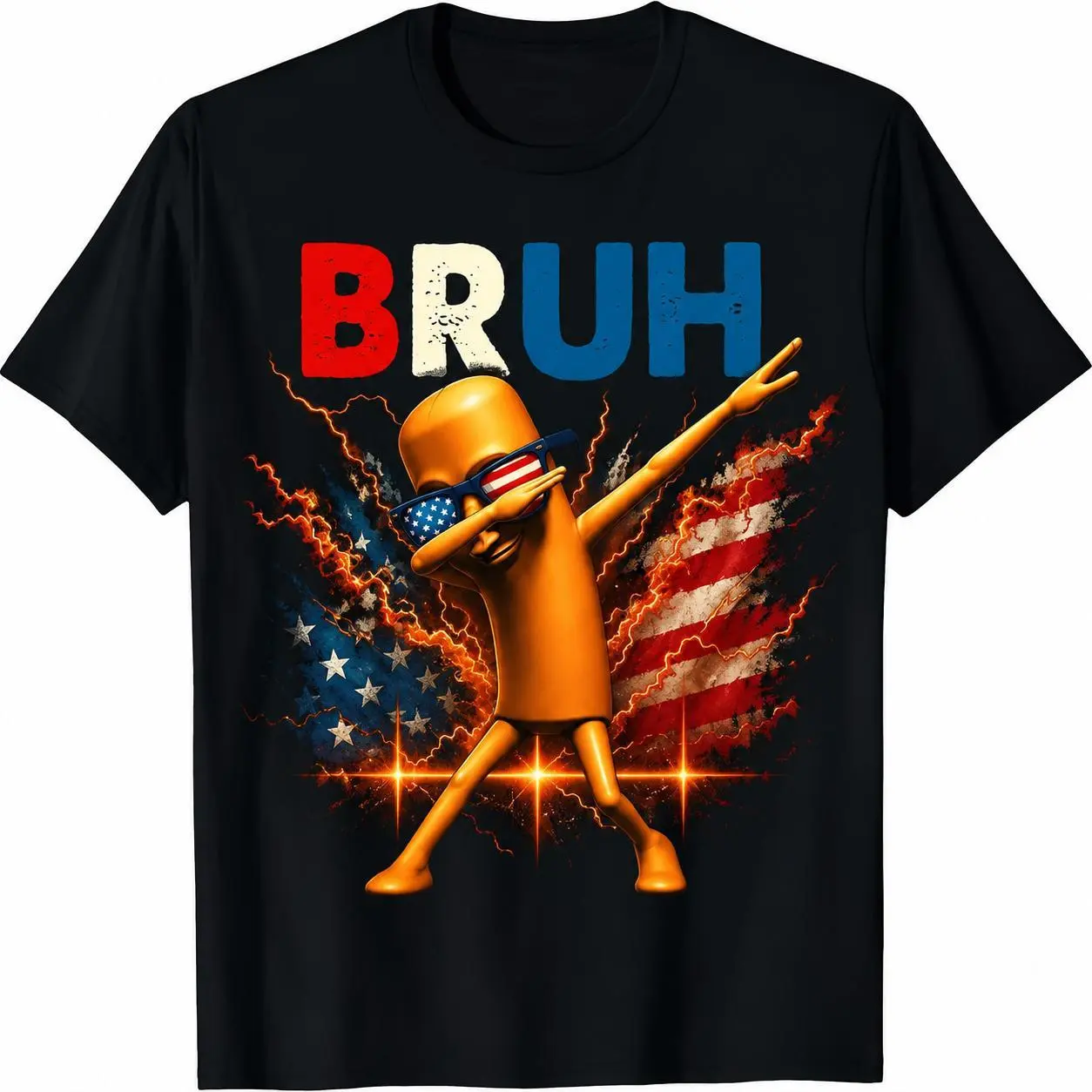 Men's Short-Sleeve Comfy Relaxed Fit Funny Patriotic BRUH Hotdog Dabbing Streetwear T-Shirt - TUNGTUNGTUNG Sahur Vibe US Flag Lightning Design Top, Classic Street Style Pair with Sneakers/Joggers, Shortsleeve