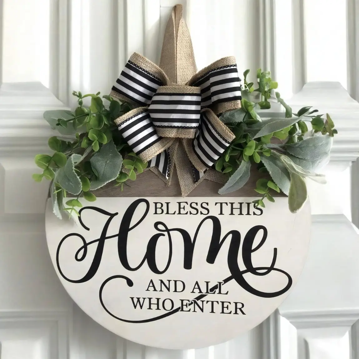 Welcome Sign for Front Door, Rustic Farmhouse Design Round Wood Wreaths Wall Hanging Outdoor Decor, Porch Fence Decorations Hanging Gift for Home Outdoor, Home Decor Gifts, Seasonal Welcome Signs, for All Seasons Holiday, Bless This Home, Wooden Decor