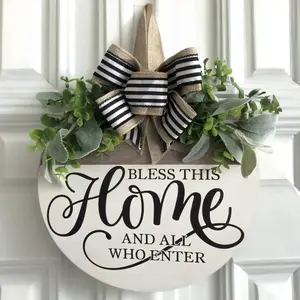Welcome Sign for Front Door, Rustic Farmhouse Design Round Wood Wreaths Wall Hanging Outdoor Decor, Porch Fence Decorations Hanging Gift for Home Outdoor for Spring Summer Fall All Seasons Holiday, Bless This Home, Wooden Decor
