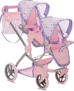 Dolls To Play Baby Doll Double Stroller – Convertible Twin Doll Pram Buggy for Girls with Adjustable Handle, Rotating Wheels, Storage Basket & Diaper Bag – Pink & Purple Pretend Play Stroller for Ages 3+