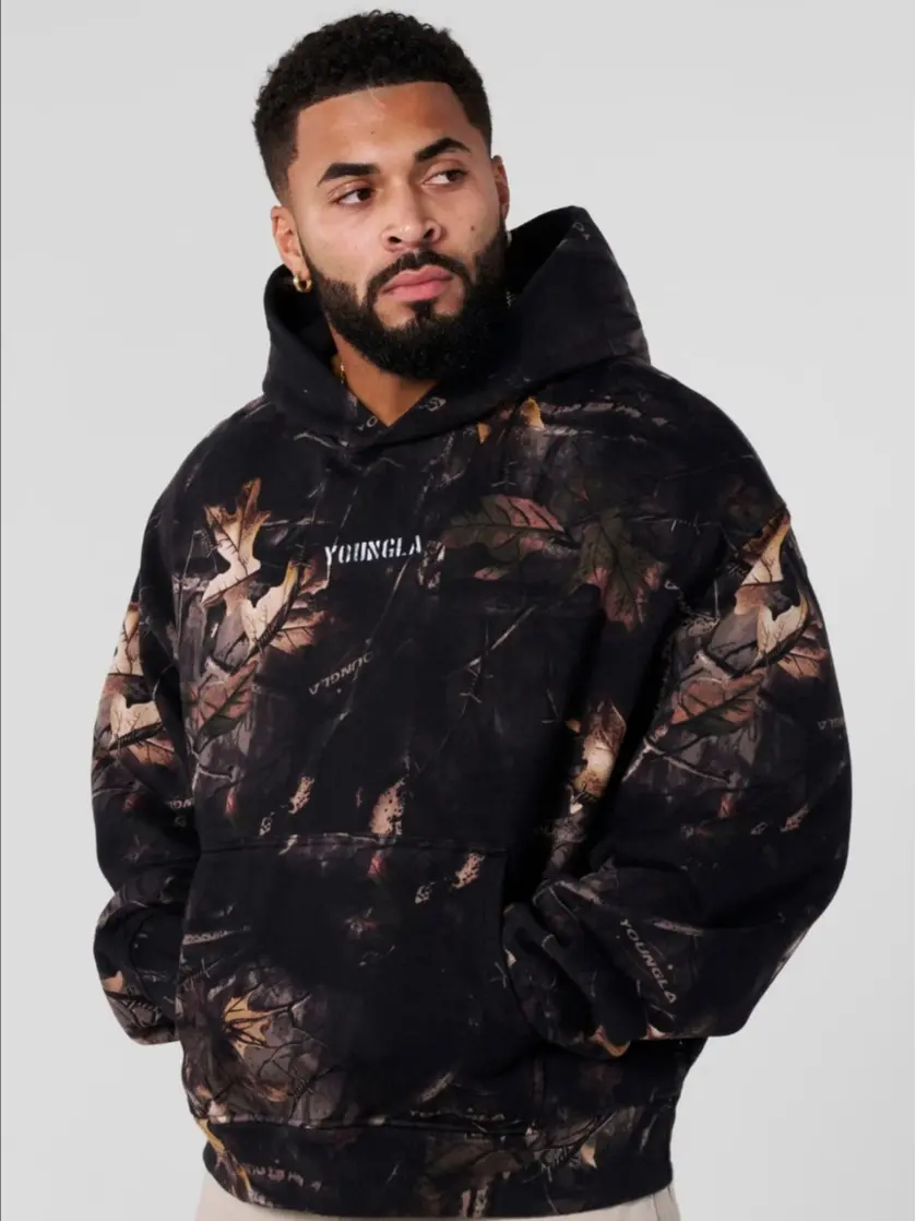 YoungLA Tree Camo Collection Pullover Hoodie, Woodland Camo Graphic Sweatshirt, Oversized Streetwear Hoodie, Casual Unisex Outdoor Top