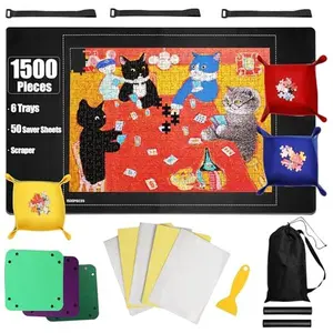 Jigsaw Puzzle Mat Roll Up 46" x 26" for 1000 1500 Pieces, Portable Saver Pad with Non-Slip Rubber Bottom & Smooth Top, 6 Sorting Trays, Storage Bag, 50 Puzzle Saver Sheets & Scraper Tool