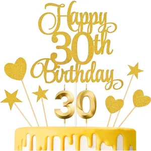 30th Birthday Cake Toppers, 30th Birthday Candles Numeral Candles and Glitter Cake Decorations Toppers Set for Party Supplies (Gold)