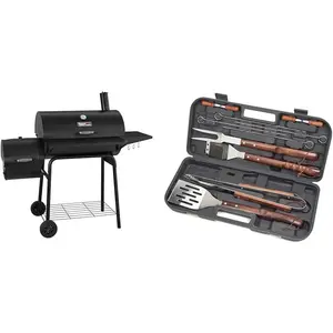 Gourmet CC1830S 30" BBQ Charcoal Grill and Offset Smoker | 811 Square Inch cooking surface, Outdoor for Camping | Black & Cuisinart CGS-W13 Wooden Handle Tool Set, Black (13-Piece)