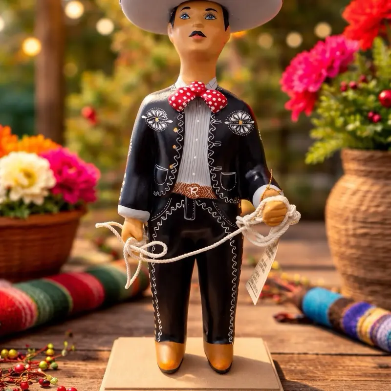 Charro Mexican Figurine - Traditional Mexican Folk Art Decorative Figure with Embroidered Jacket and Bow Tie