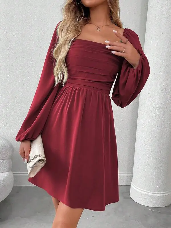 Women's Square Neck Lantern Sleeve Pleated Mini Dress Elegant Solid Color Autumn Outfit in Burgundy Fall Fashion Short Dress for Dates & Parties - TikTok Shop Women's Square Neck Lantern Sleeve Pleated Mini Dress Elegant Solid Color Autumn Outfit in Burgundy Fall Fashion Short Dress for Dates & Parties - TikTok Shop
