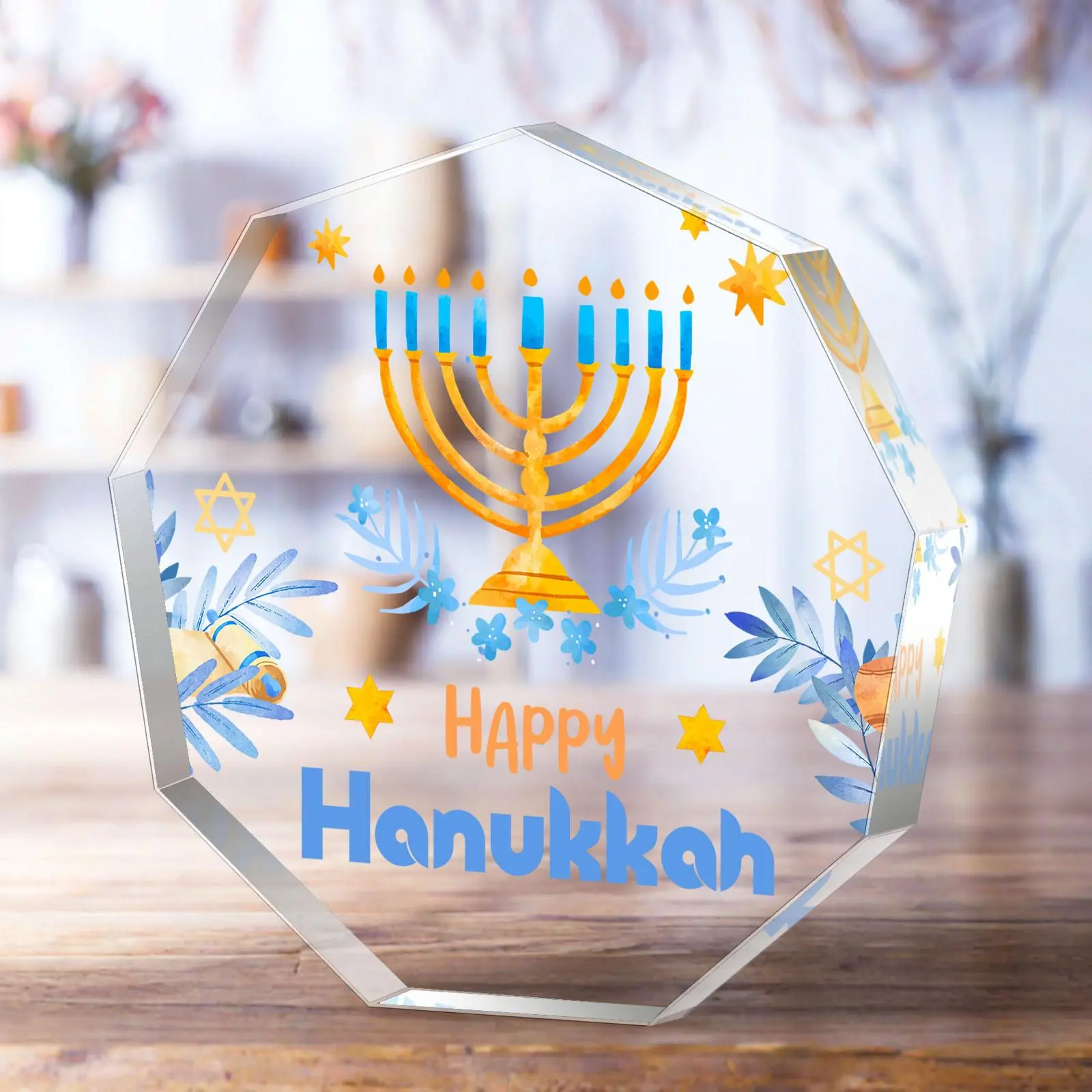 Happy Hanukkah Sign, 1 Count Candle Holder & Leaf Pattern Acrylic Desktop Decoration, Home Living Room & Bedroom & Office Decor, Party Decor Gift