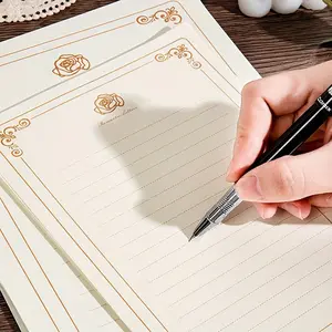 100 Sheets A5 Luxury Blank Stationery, Thick Smooth Paper with Beige & Golden Vintage Rose Design, Compatible with Fountain/Calligraphy Pens for Journaling, Love Letters, Office & School